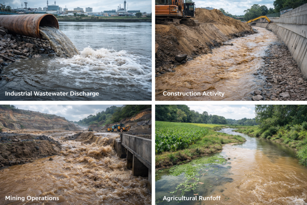 industrial wastewater discharge, construction activities, mining operations, and agricultural runoff