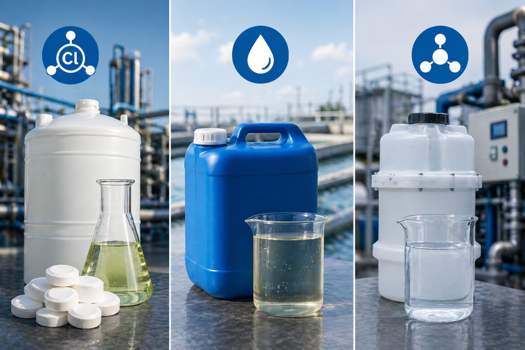 Chlorine, sodium hypochlorite, chlorine dioxide