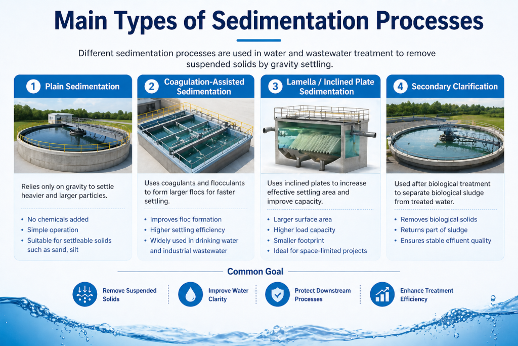 Different sedimentation processes are used in water and wastewater treatment.